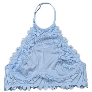 Colsie Womens High Neck Halter Floral Lace Bralette Light Blue XS 32A